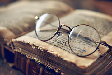 a pair of old-fashioned eyeglasses resting on a book