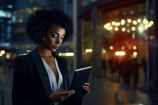 Urban Visionary: Tech-Savvy Businesswoman Overlooking the City - Powered by Adobe