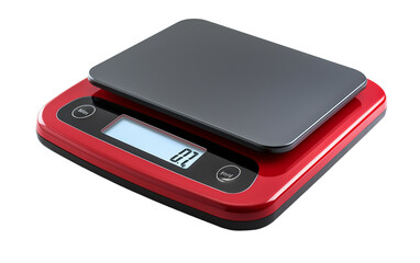 A red and black scale with a glowing digital display showing weight readings