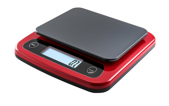 A red and black scale with a glowing digital display showing weight readings