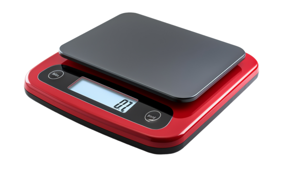 A red and black scale with a glowing digital display showing weight readings