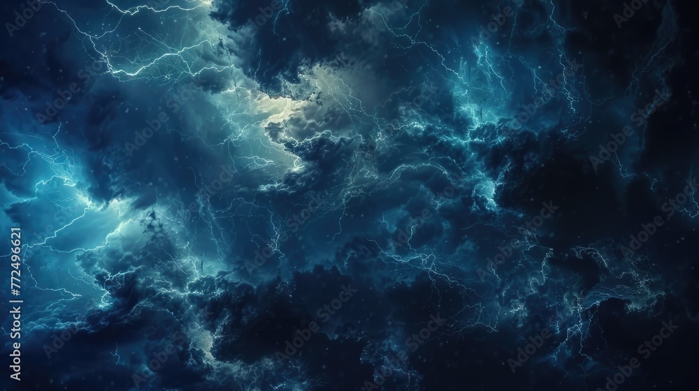 Poster Dramatic blue and black background with clouds and lightning. Perfect for adding intensity to designs