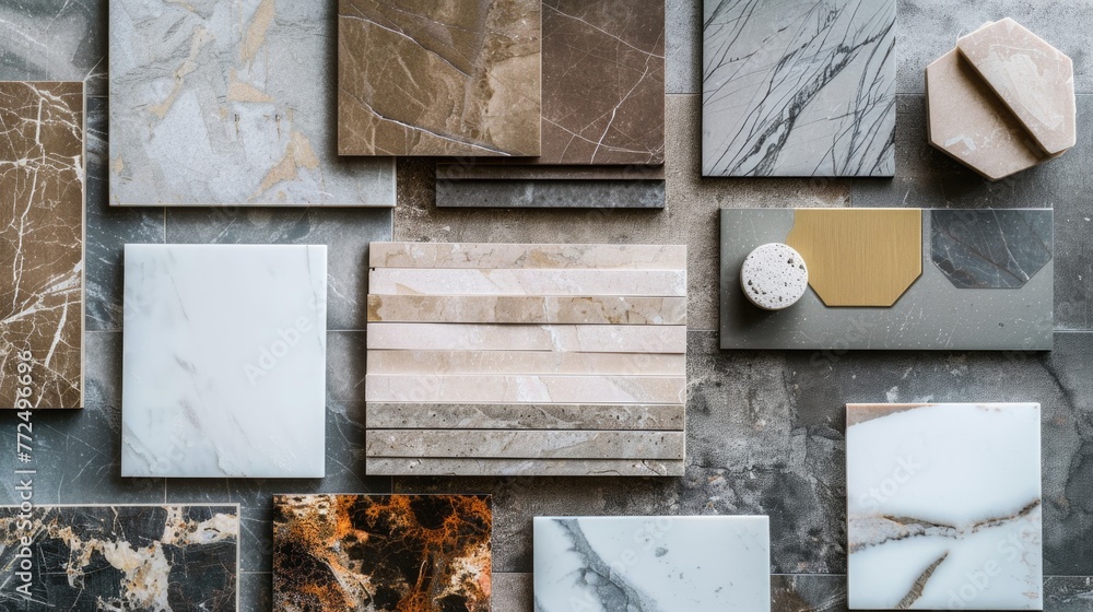 Poster Assorted tiles displayed on a table, suitable for interior design projects