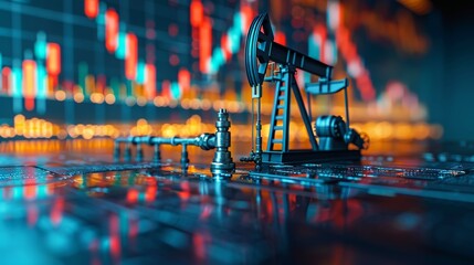 A very detailed image, including elements provided by NASA, displaying oil price charts, oil pump nozzles, and stock market charts. - obrazy, fototapety, plakaty