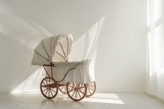 A baby's pram in a simple white room. Suitable for nursery decor