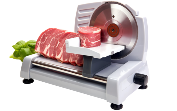 A meat slicer slicing a piece of meat with precision