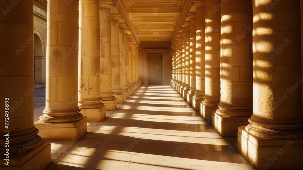 Aufkleber A long hallway with columns and a clock on the wall. Suitable for interior design concepts
