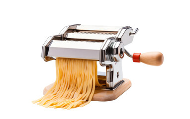 A pasta machine with a pasta cutter on top, ready to slice fresh pasta sheets
