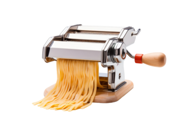 A pasta machine with a pasta cutter on top, ready to slice fresh pasta sheets