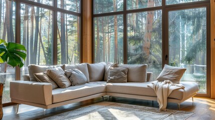 Obraz premium Beige corner sofa in a modern living room with large windows and forest view