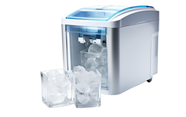 A small ice maker sits beside two perfectly formed ice cubes