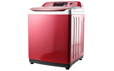 A striking red washing machine stands out on a clean white background