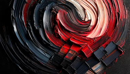 Poster Abstract expressionist pictorial style background, with thick layers of paint applied with a palette knife or brush, strongly contrasting colours, with deep blacks, bright reds, and soft whites mixes. © Jounn