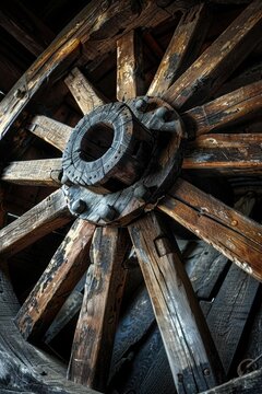 Detailed view of a wooden wagon wheel. Suitable for historical or rustic themes