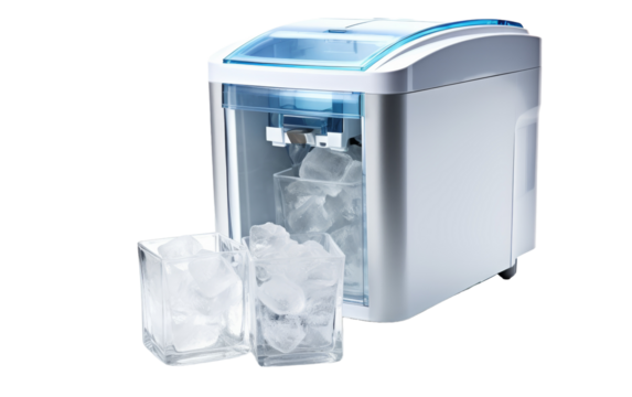 A small ice maker sits beside two perfectly formed ice cubes