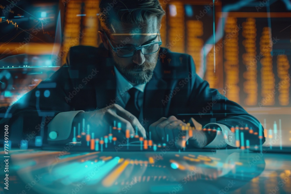 Poster a man in a suit and glasses working on a laptop. suitable for business and technology concepts