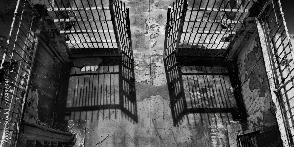 Poster A stark black and white image of an empty jail cell. Suitable for crime and justice-related concepts