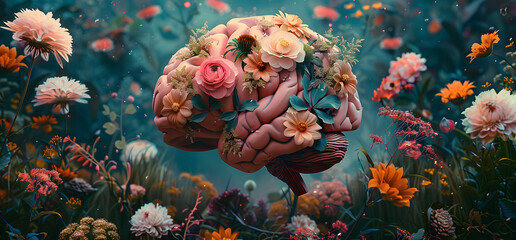 Fototapeta na wymiar A human brain with flowers representing self esteem and mental health care concept