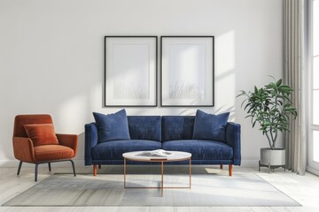 Modern living room interior with blue sofa, terracotta chair, and decorative plant
