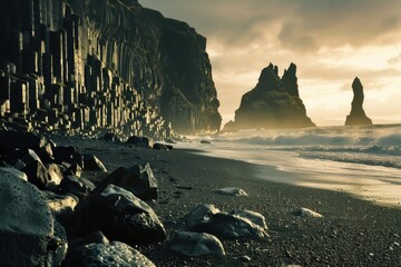 Scenic view of a black sand beach with rocks and a cliff in the background. Suitable for travel and...