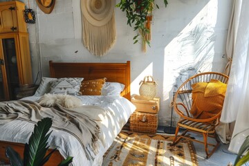 Bohemian chic modern bedroom with natural light and cozy decor