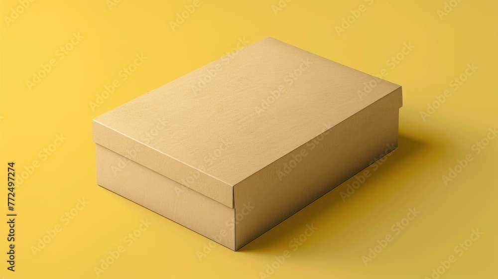 Poster A simple brown box placed on a yellow surface. Suitable for various business and packaging concepts