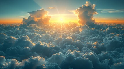 Abstract sunny sky background, view of white fluffy clouds in the heaven, freedom concept. Soft focus. Vintage color. - obrazy, fototapety, plakaty