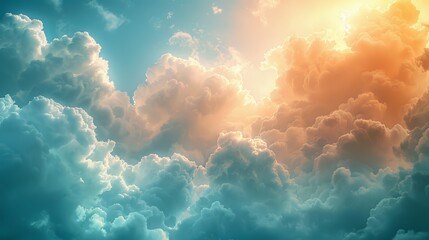 This is a beautiful abstract background with a sunny sky, a beautiful cloudscape, on the heaven, with a view over white fluffy clouds and freedom concept. Toned down colors. - obrazy, fototapety, plakaty