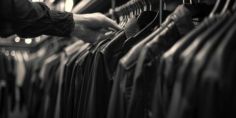 Person holding a rack of clothes in a store, useful for retail concepts - obrazy, fototapety, plakaty