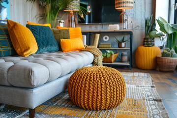 A living room with a couch, a potted plant, and a television. The couch is covered in pillows and a throw blanket, and there is a yellow ottoman in the middle of the room