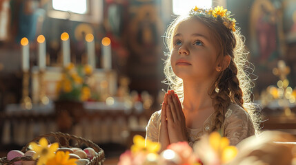 A girl prays in a church. Background for holiday Christian publications. - obrazy, fototapety, plakaty