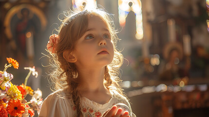 A girl prays in a church. Background for holiday Christian publications. - obrazy, fototapety, plakaty