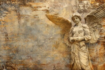 A serene angel statue mounted on a wall. Perfect for religious or memorial themes