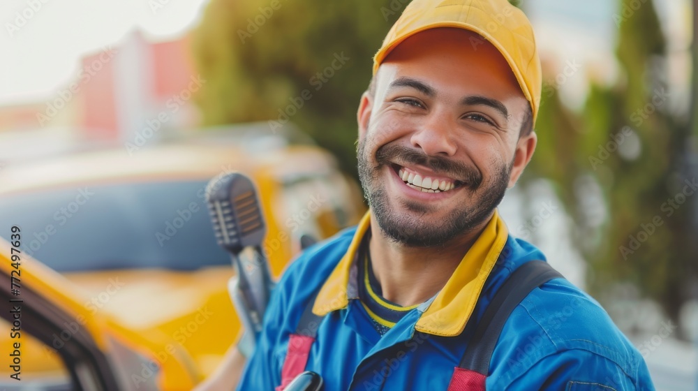 Wall mural confident mechanic in uniform standing by a car with tools