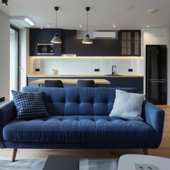 Elegant navy blue sofa in a modern studio apartment interior with stylish kitchen design