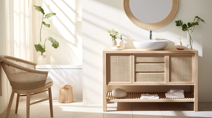 A stylish rattan wooden dressing table in sunlight, with the drawer ajar. Various beauty products , Generate AI - obrazy, fototapety, plakaty