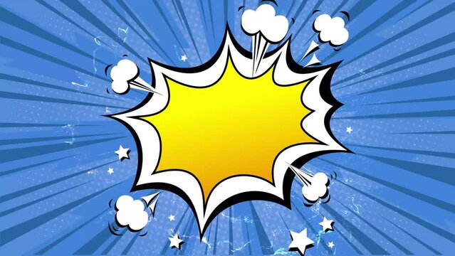 Royal blue background in pop art and  funny cartoon comic style. Variety of text boxes explosion burst.  Energetic sign rotating with blades. Halfton effect with custom text space. Easy to use. 4K 