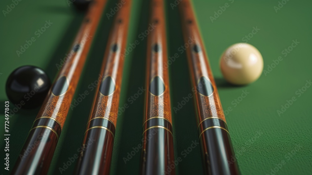 Poster a pool table with three cues and a ball, suitable for recreational or sports concepts