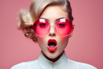 Elegant woman with vintage curls, open mouth and pink round sunglasses on pink background,...
