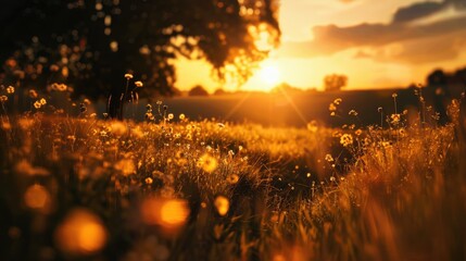 Beautiful sunset over a peaceful grass field, perfect for nature backgrounds or relaxation concepts
