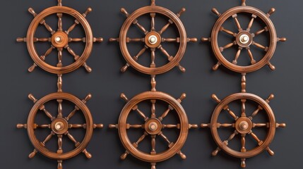 Four wooden ships wheels mounted on a wall. Suitable for nautical themed decor
