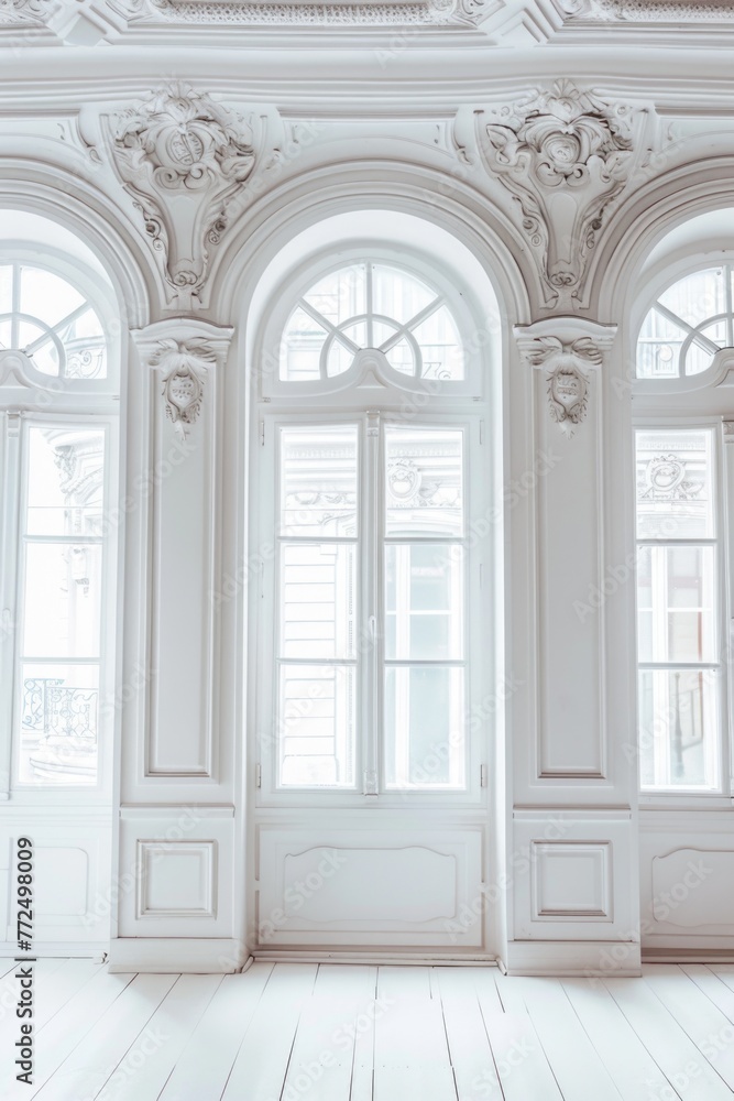 Poster A simple empty room with white walls and windows. Suitable for interior design concepts