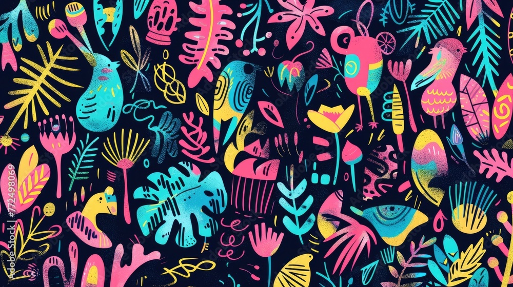 Poster colorful pattern of birds and flowers on a black background. suitable for various design projects