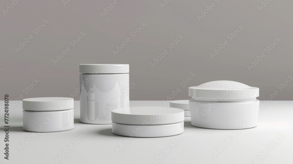 Poster white containers on a table, suitable for various concepts and designs