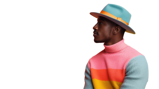 A man with a beard is sporting a baseball cap and a vibrant sweater, adding a fun touch to his workwear outfit on transparent - Powered by Adobe