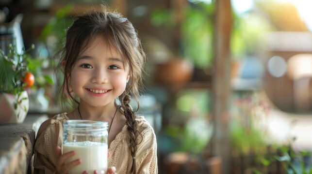 An Asian girl smiles while drinking milk