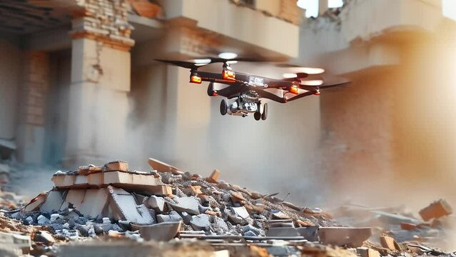 A drone hovers above a debris pile at a construction site