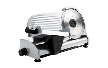 A sleek white and black food slicer sits elegantly on a pure white background