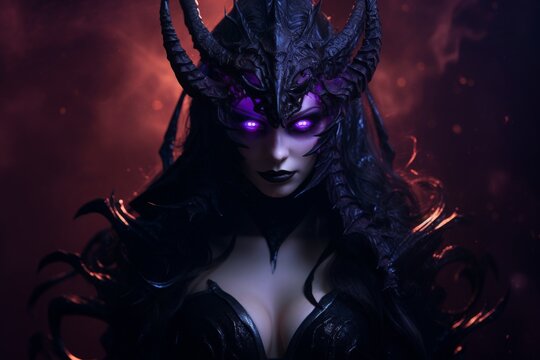 girl devil in the hood with horns, long white hair, and large black wings, with bleeding purple eyes, armor dressed, and angry expressions on her face, character fantasy, the devil women