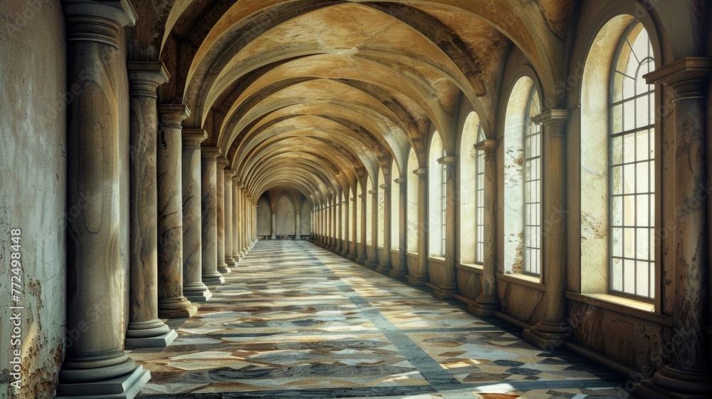 Poster a long hallway with grand columns and arched windows. perfect for architectural designs and interior